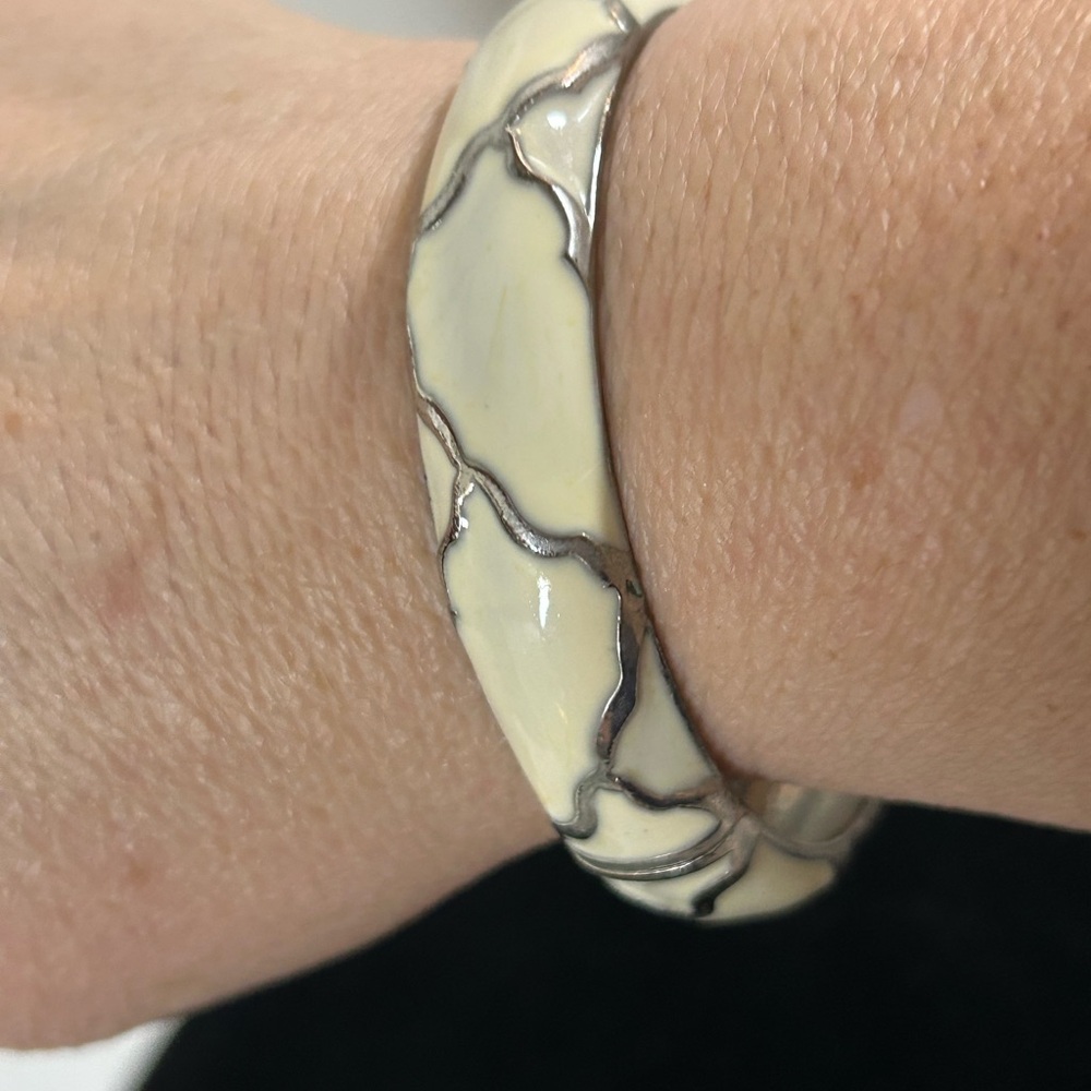 Cream and silver enamel cuff bracelet